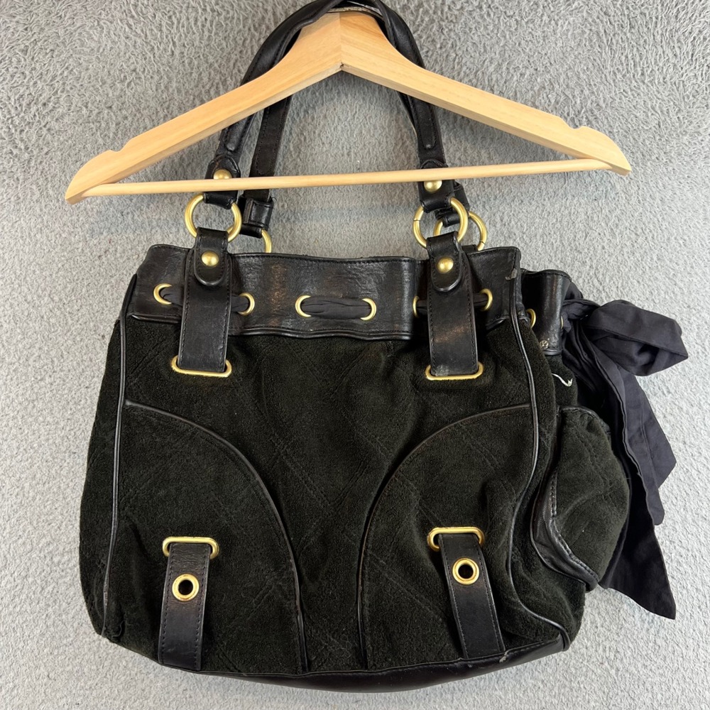 Juicy Couture Daydreamer Olive Velour Leather Bow Shoulder Bag Y2K Crown Crest - Picture 2 of 16